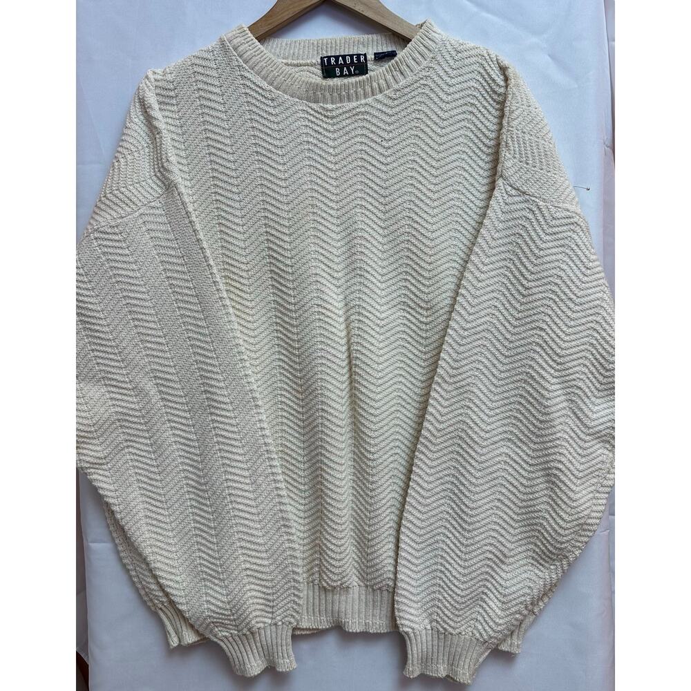 TRADER BAY MEN’S SWEATER 100% COTTON HAND FRAMED SZ M COLOR IVORY
